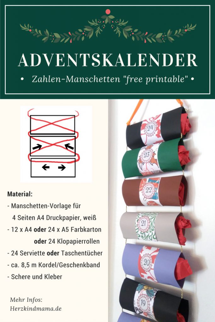 Adventskalender hängend basteln Rollen Röhrchen Vorlagen DIY